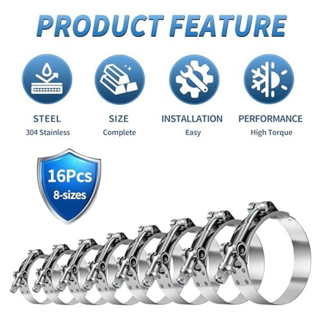 Stainless steel T-bolt hose clamp set with evenly spaced bolt heads