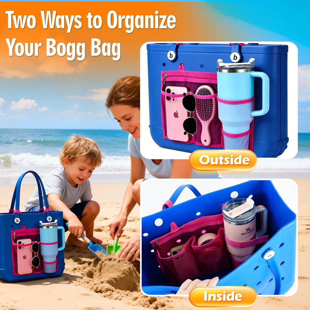 Mesh organizer insert with multiple pockets and built-in cup holder in tote