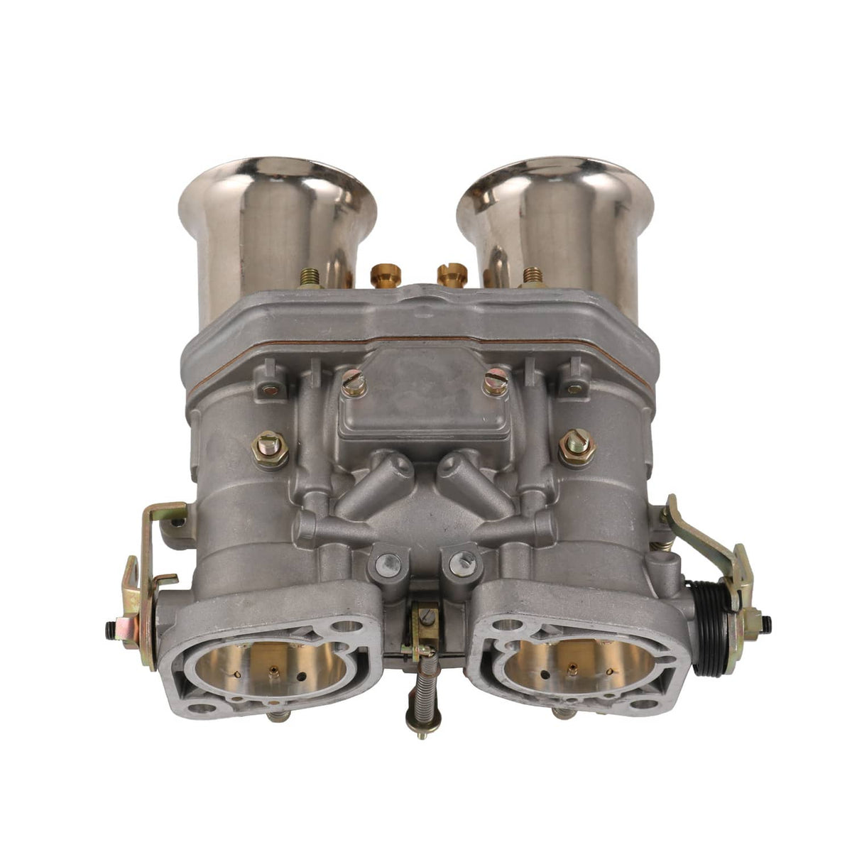 Carburetor with two upper air inlets, central linkage, and two lower circular ports