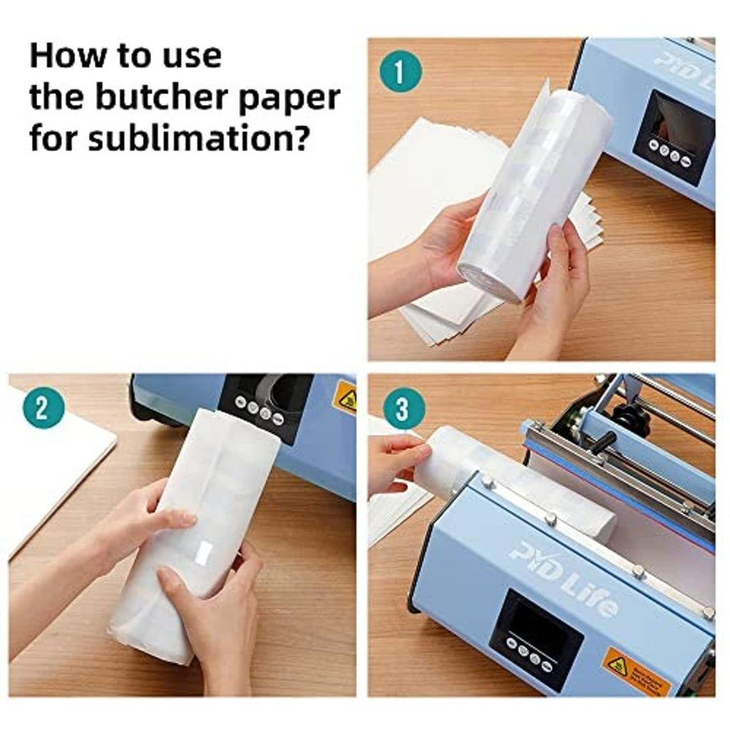 Butcher paper for sublimation, hands applying sheet on a heat press