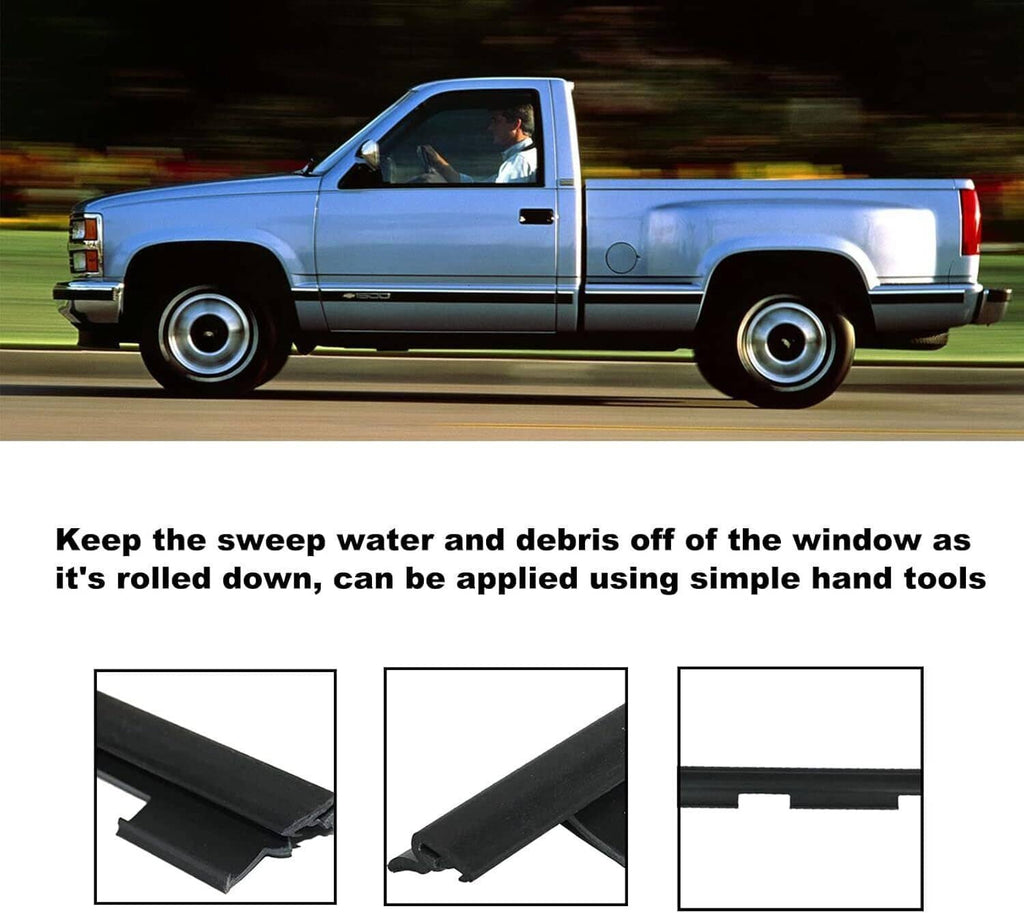 Front window sweep weatherstrip seals on pickup truck; product inset shows seal profile