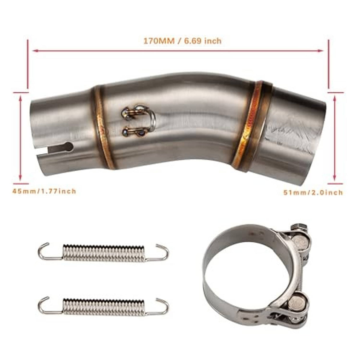 Stainless motorcycle muffler mid pipe adapter with bronze bands and mounting clamp