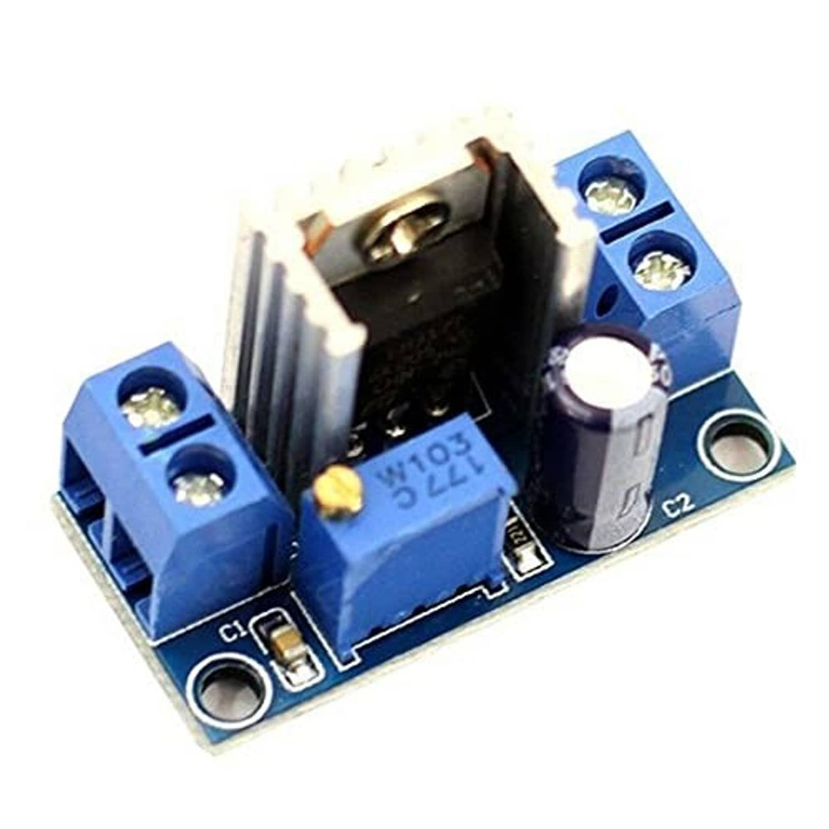 Buck converter PCB with blue screw terminals, black heatsink, and capacitor