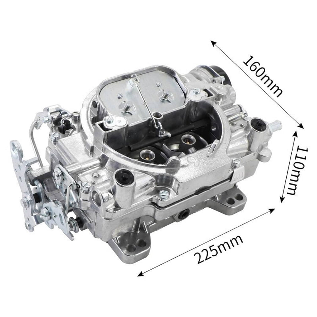 Four-barrel carburetor angled with height and length measurement labels.