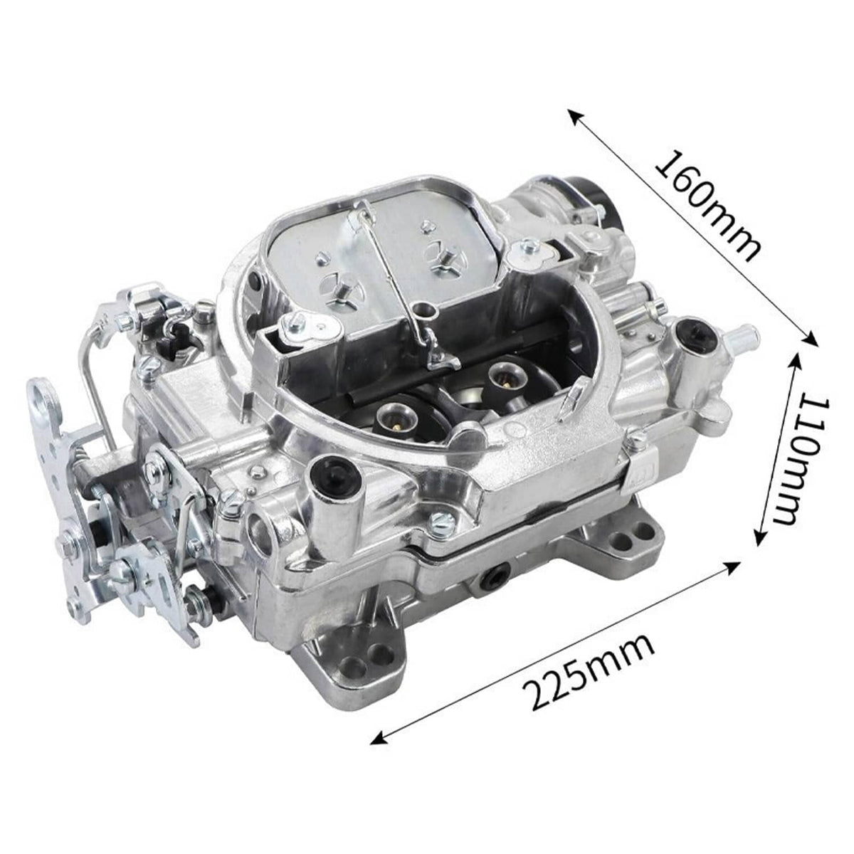 Four-barrel carburetor angled with height and length measurement labels.
