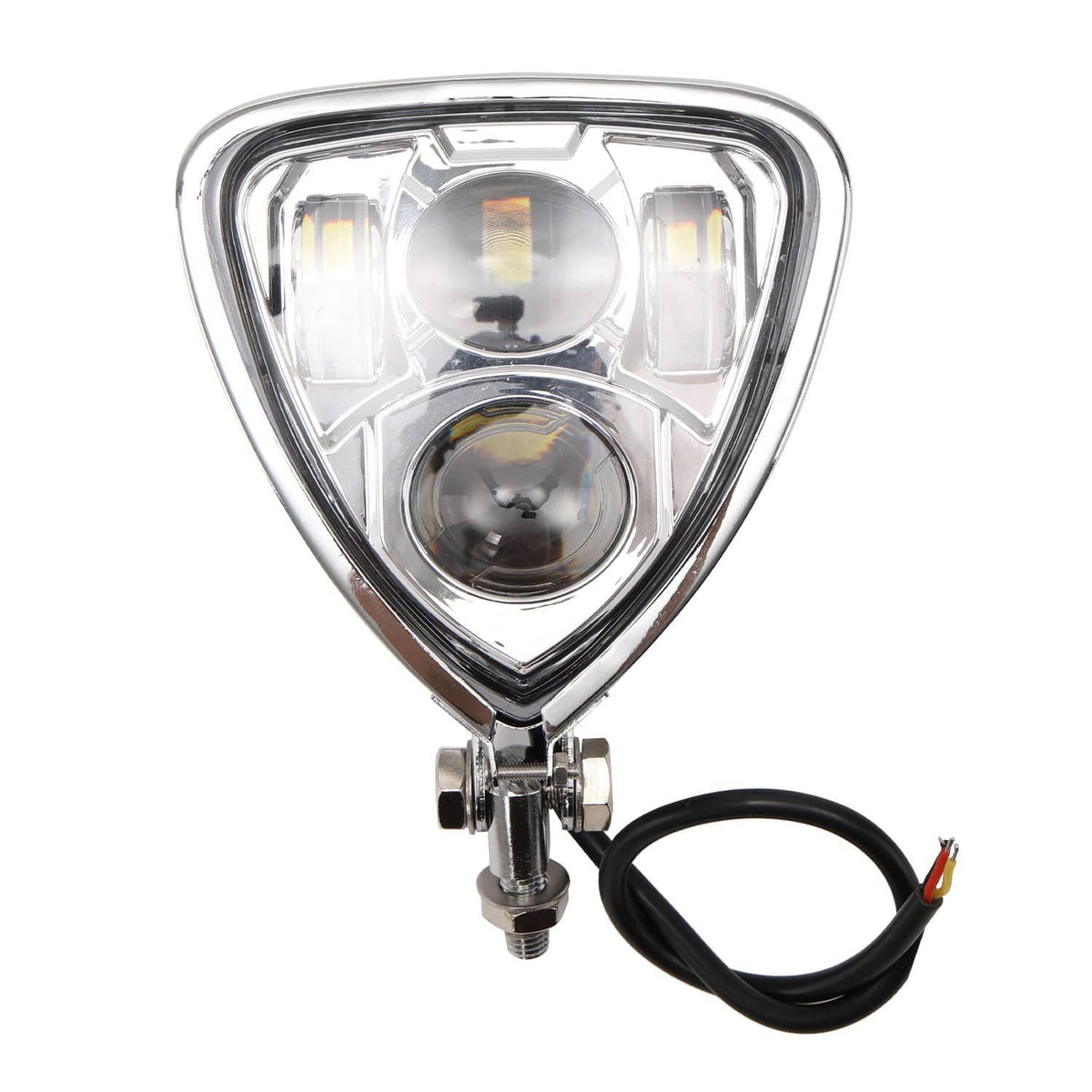Chrome triangle motorcycle headlight assembly front view with black wiring harness attached