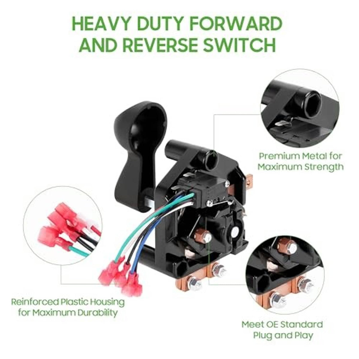 Heavy-duty forward and reverse switch with wiring and reinforced plastic housing