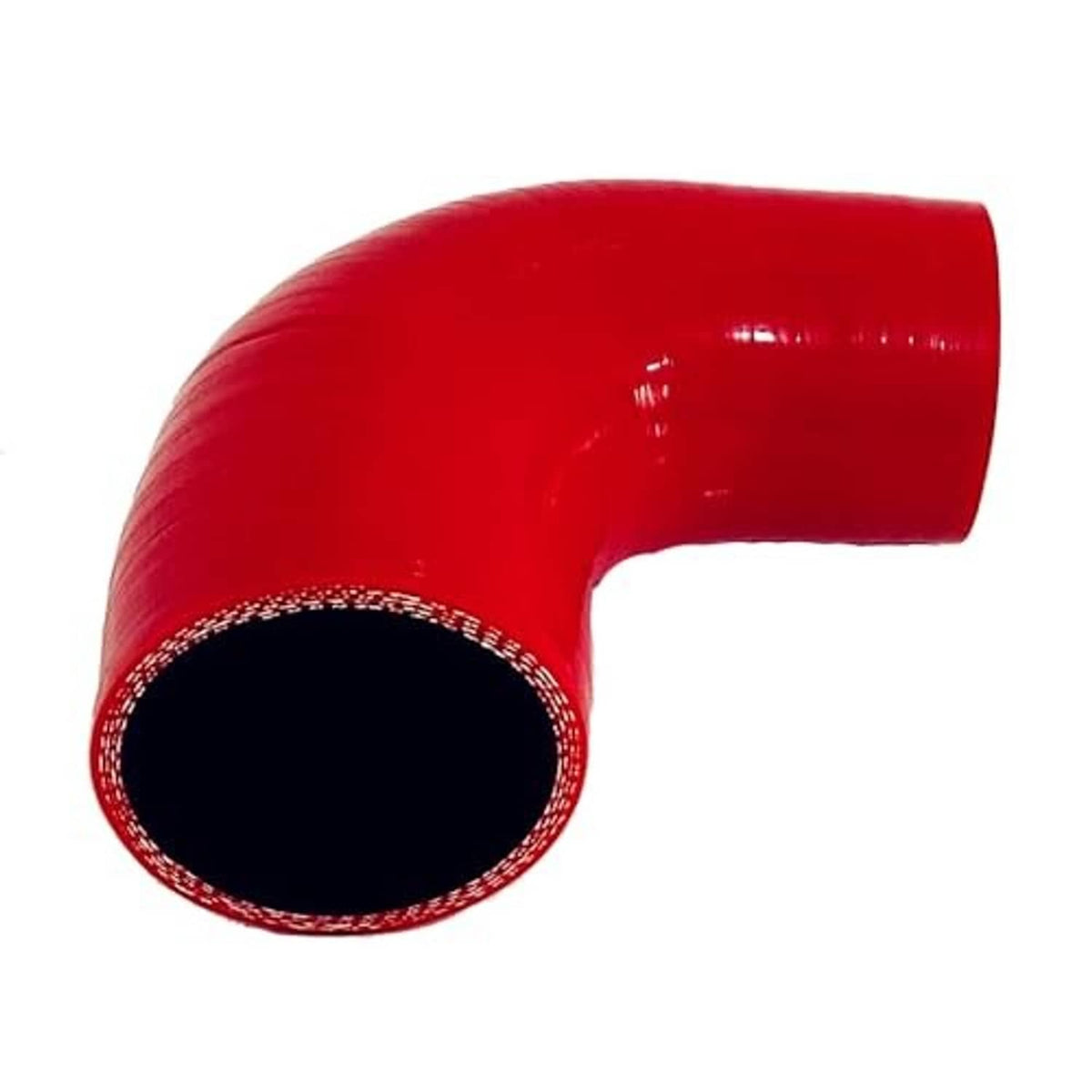 Red 90-degree silicone hose reducer end view with black inner lining and braided edge