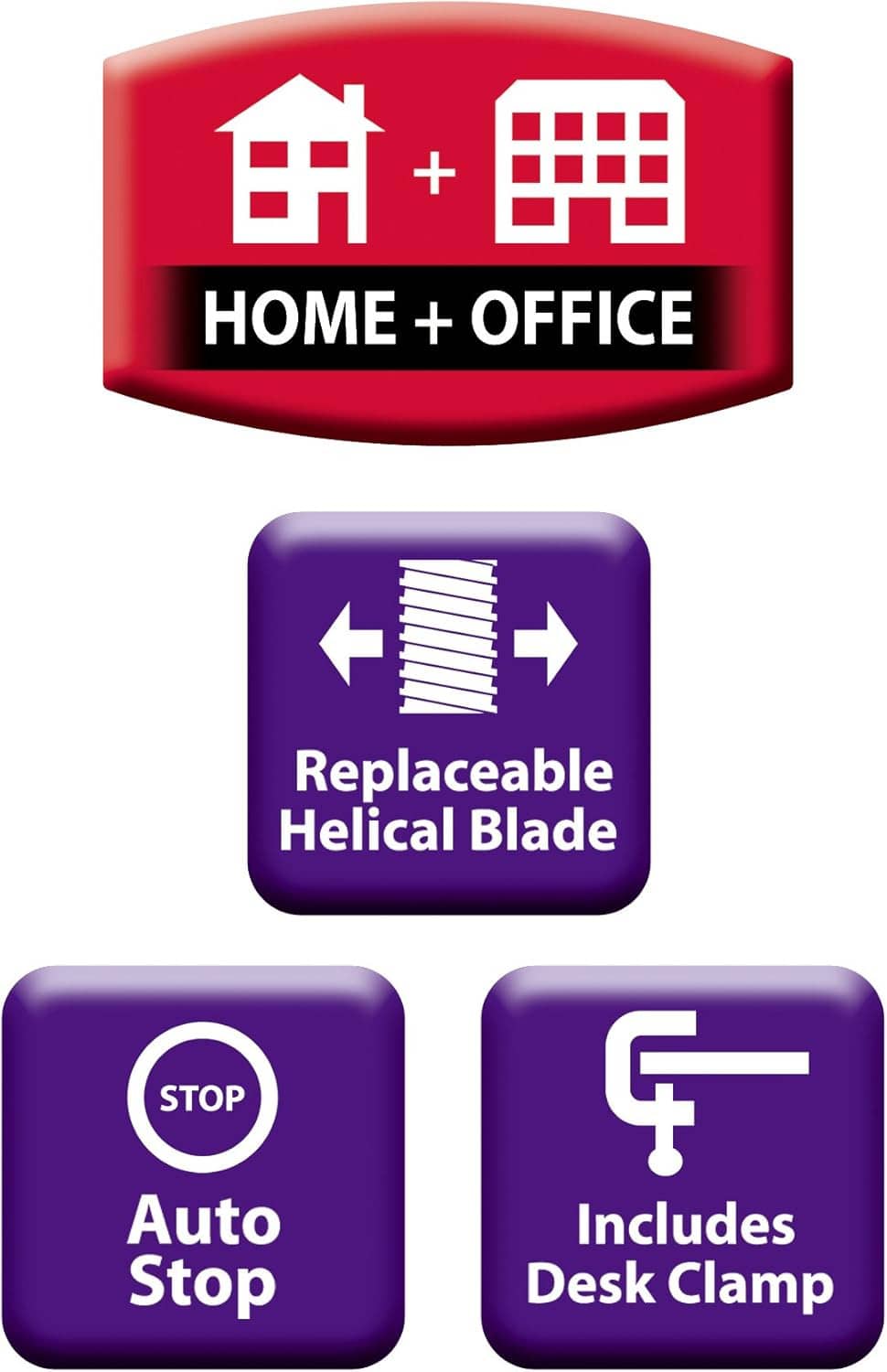 Home and office feature icon graphic for replaceable helical blade pencil sharpener