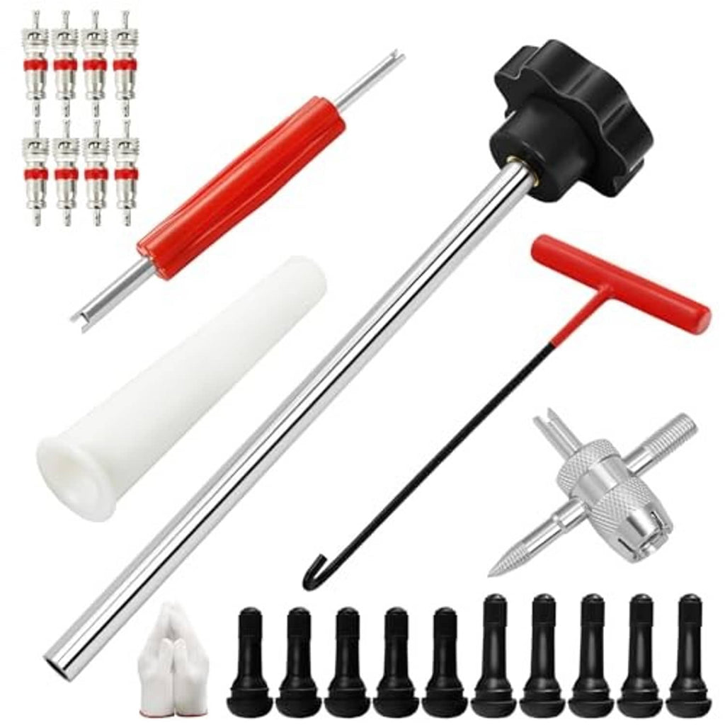 Tire valve installer kit set with metal push rod, black clamp tool, red handle, and valve cores