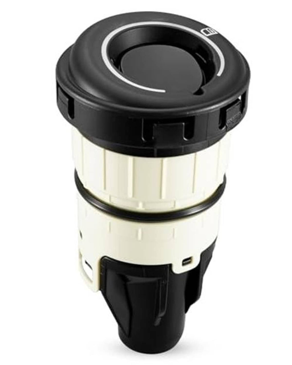 Capless fuel filler cap in black and cream with round opening and side release tabs