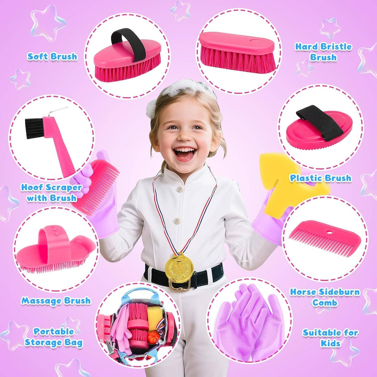 Pink grooming brush kit showing soft, hard bristle, massage, and comb brush types
