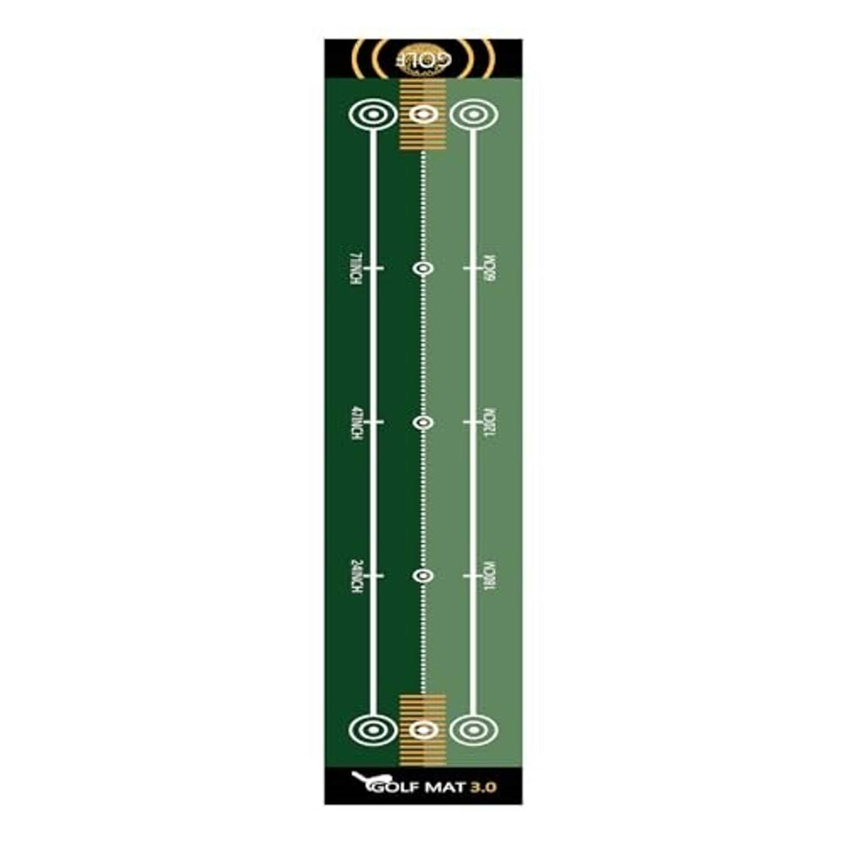 Green golf putting practice mat upright with yardage numbers and target rings