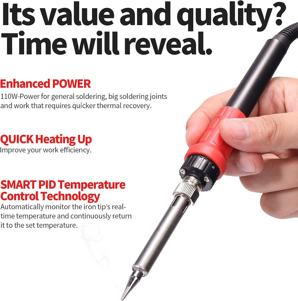 Red soldering iron with pointed tip and digital control housing in hand