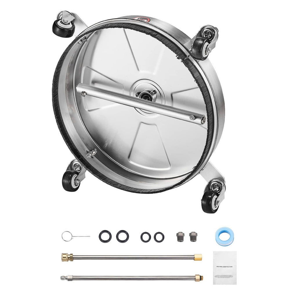 15-inch pressure washer surface cleaner with rotating disc, 4 wheels, and wand attachments