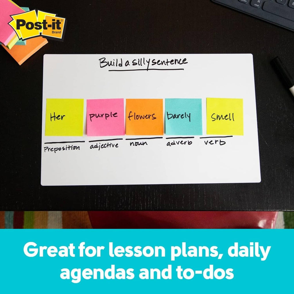 White dry erase sheet with sentence-building chart and colored word blocks