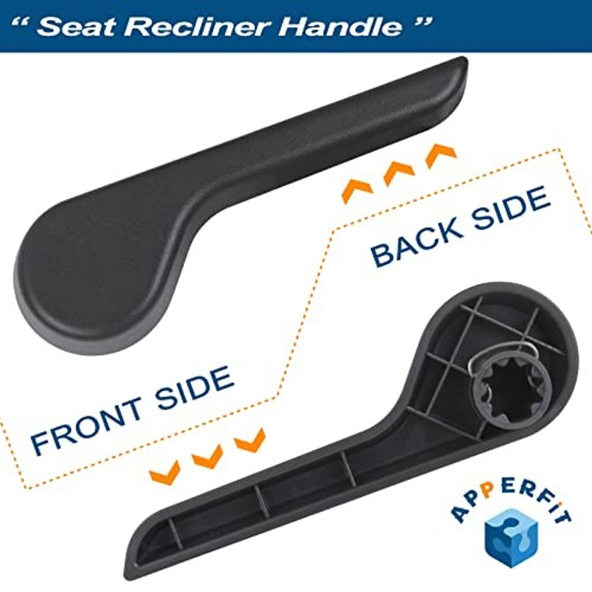 Black seat recliner handle lever showing front grip and back-side mounting housing.