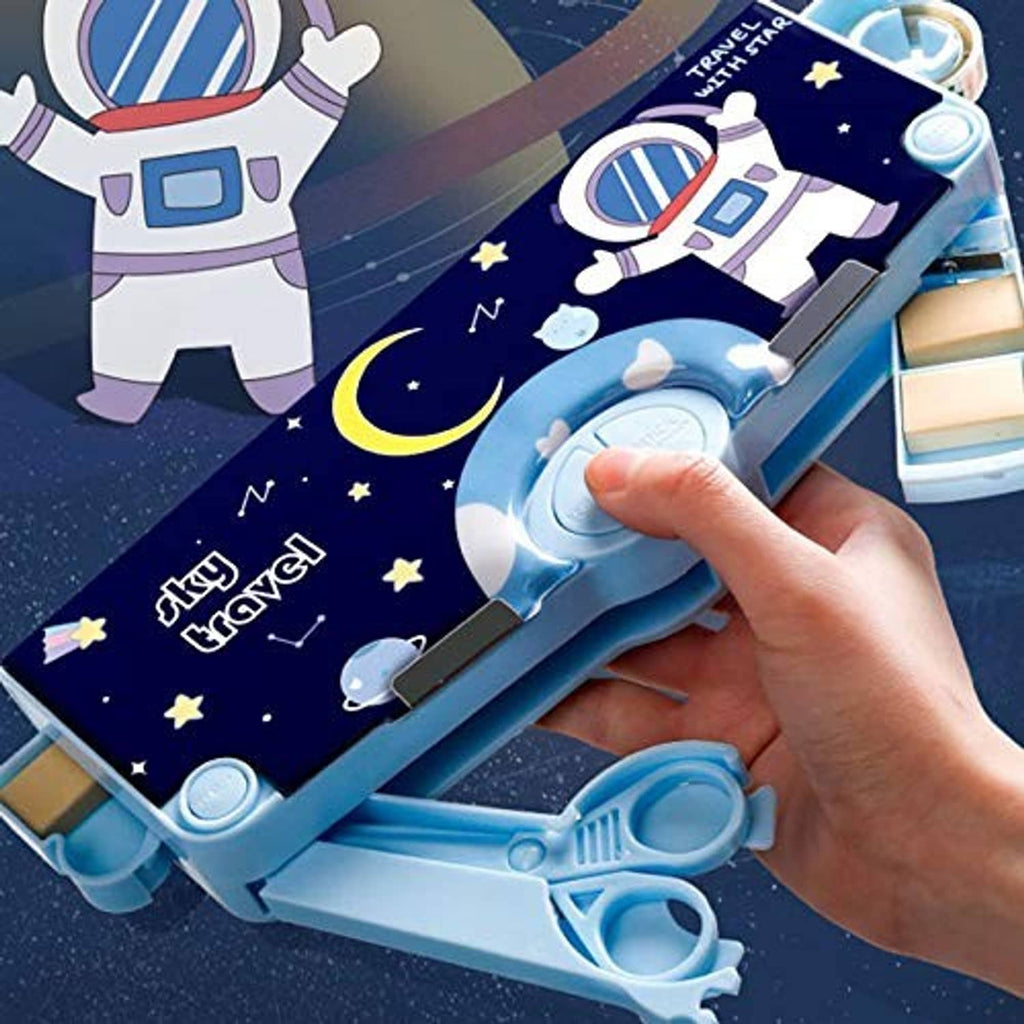 Blue stationery organizer pencil case with open space-themed panel and compartments