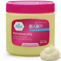 Petroleum jelly jar with pink lid and Baby Fresh Scent label, plus a dollop of jelly