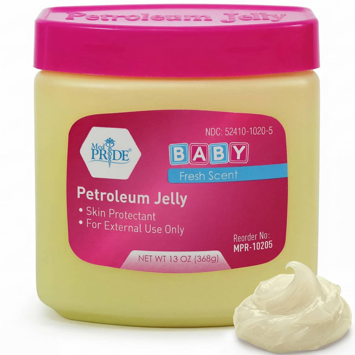 Petroleum jelly jar with pink lid and Baby Fresh Scent label, plus a dollop of jelly