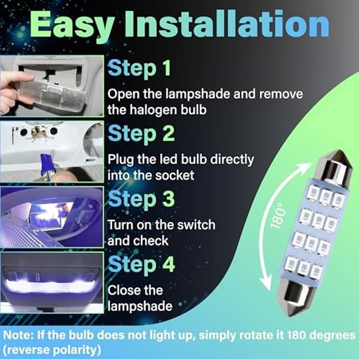 Blue LED dome light bulb with easy installation steps illustration and socket fit diagram
