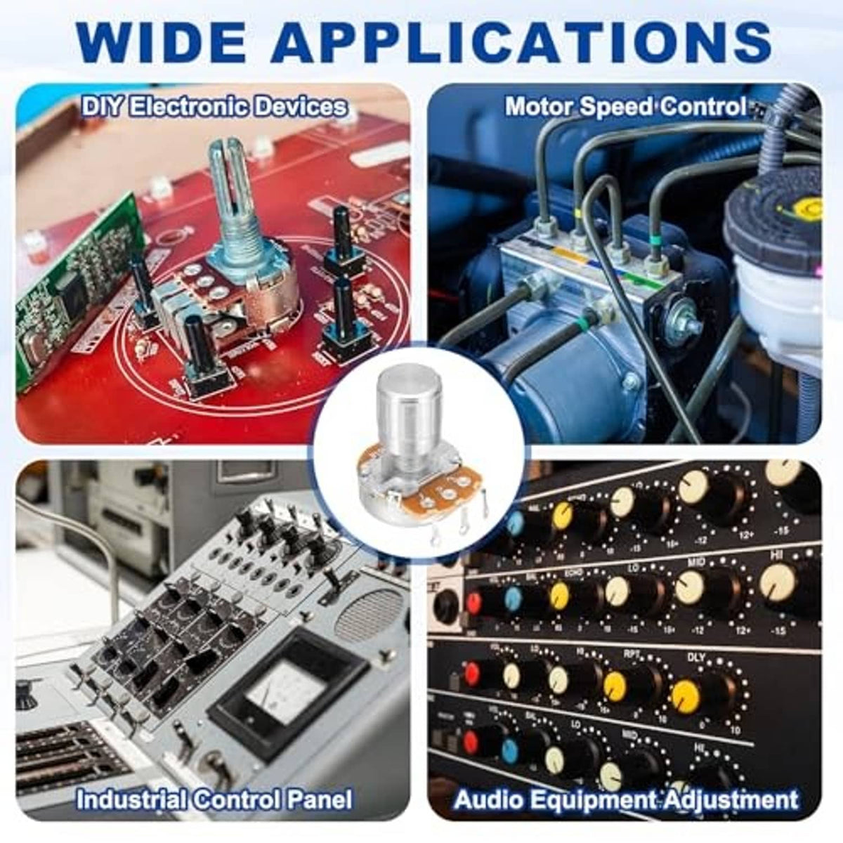 Rotary potentiometer shown on a circuit panel with metal body, clear shaft, and orange PCB