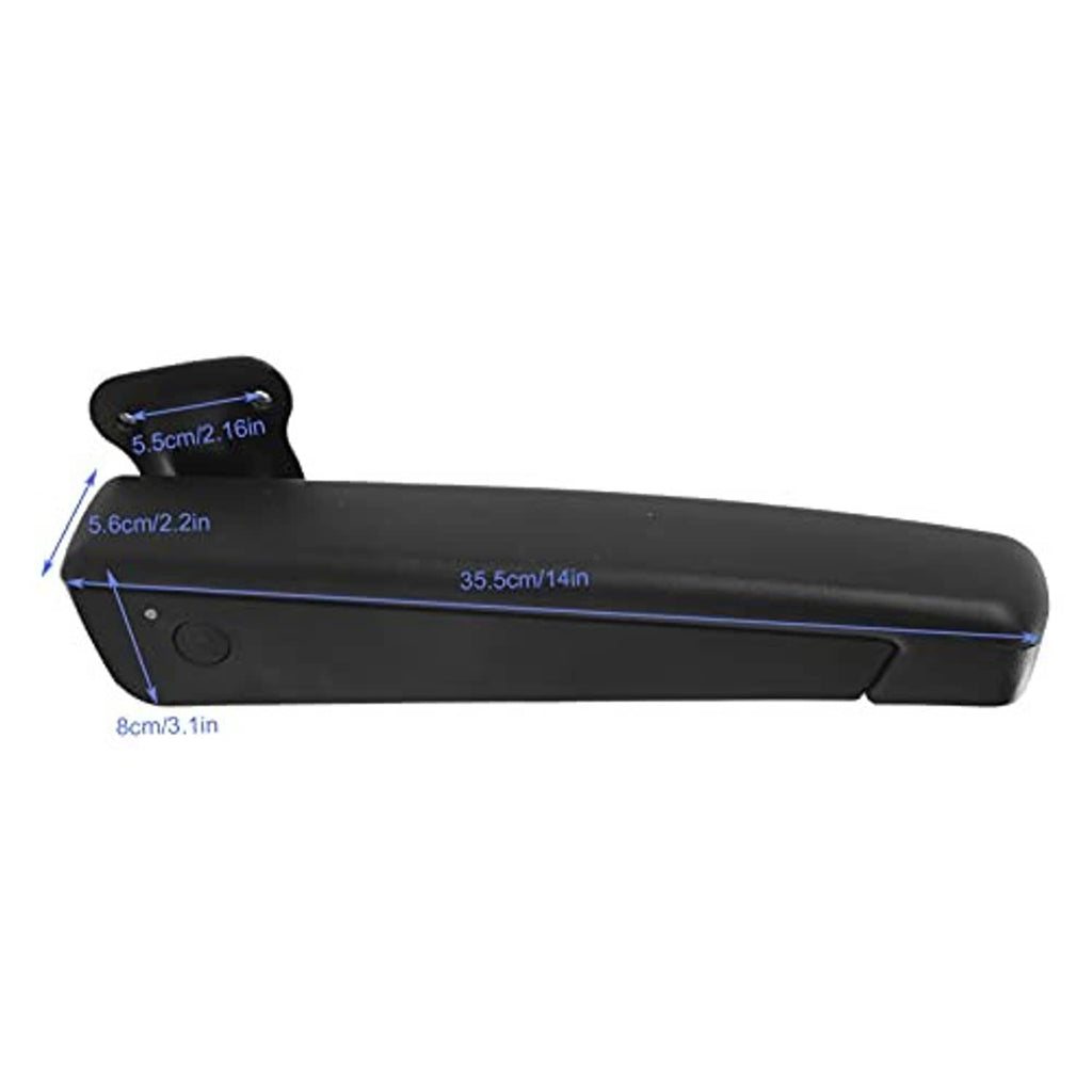 Black car seat armrest replacement with labeled size dimensions