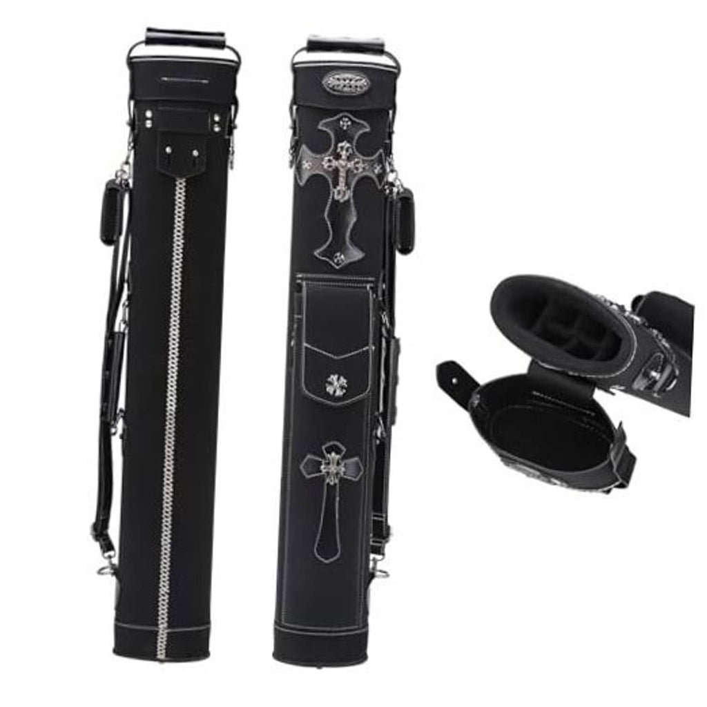 Black hard pool cue case with faux-suede look, decorative cross pattern, zipper and strap