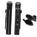 Black hard pool cue case with faux-suede look, decorative cross pattern, zipper and strap
