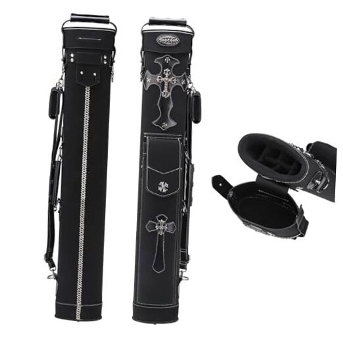 Black hard pool cue case with faux-suede look, decorative cross pattern, zipper and strap