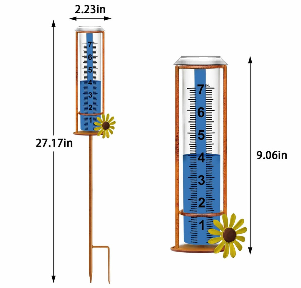 Rain gauge with blue scale on brown stand, flower ornament at the base