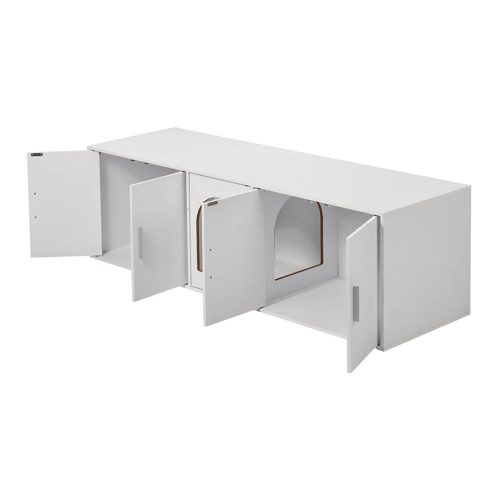 White wooden cat litter box enclosure with hinged front door and side access panels