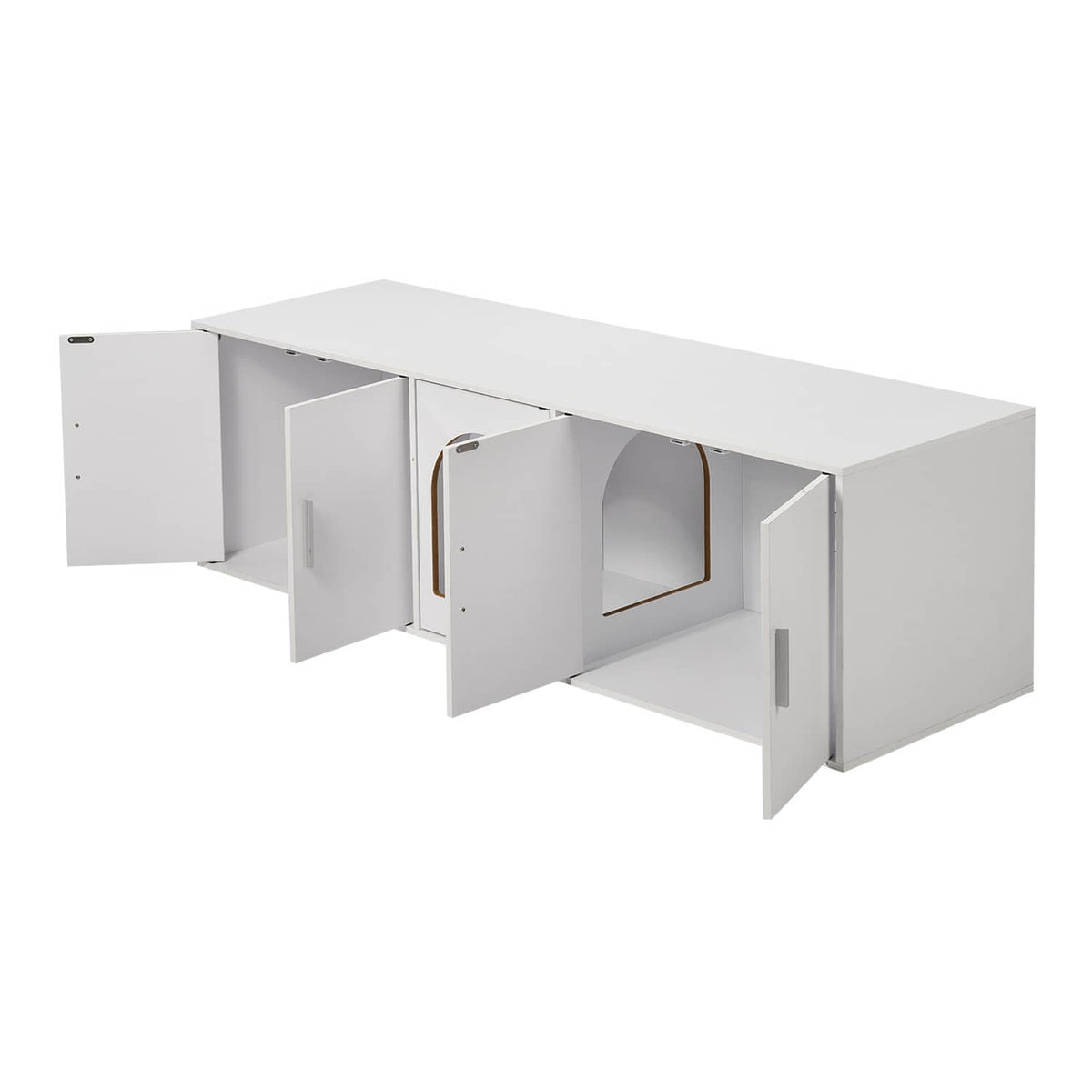 White wooden cat litter box enclosure with hinged front door and side access panels