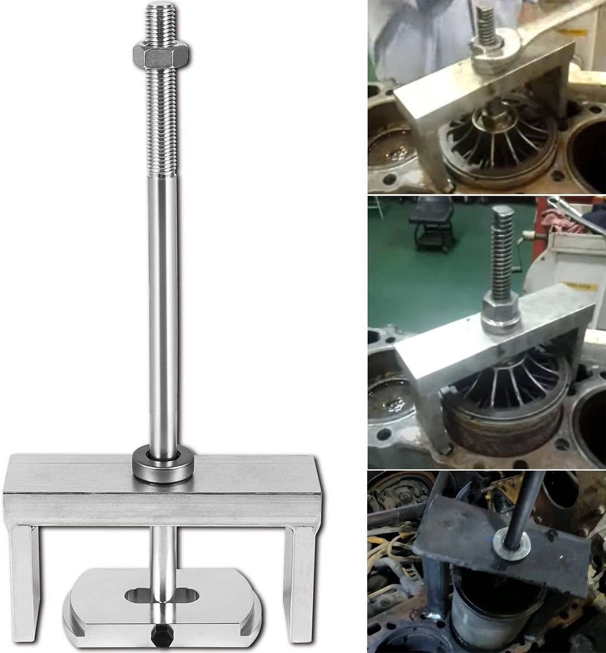 Cylinder liner puller tool with threaded rod and flat clamp base