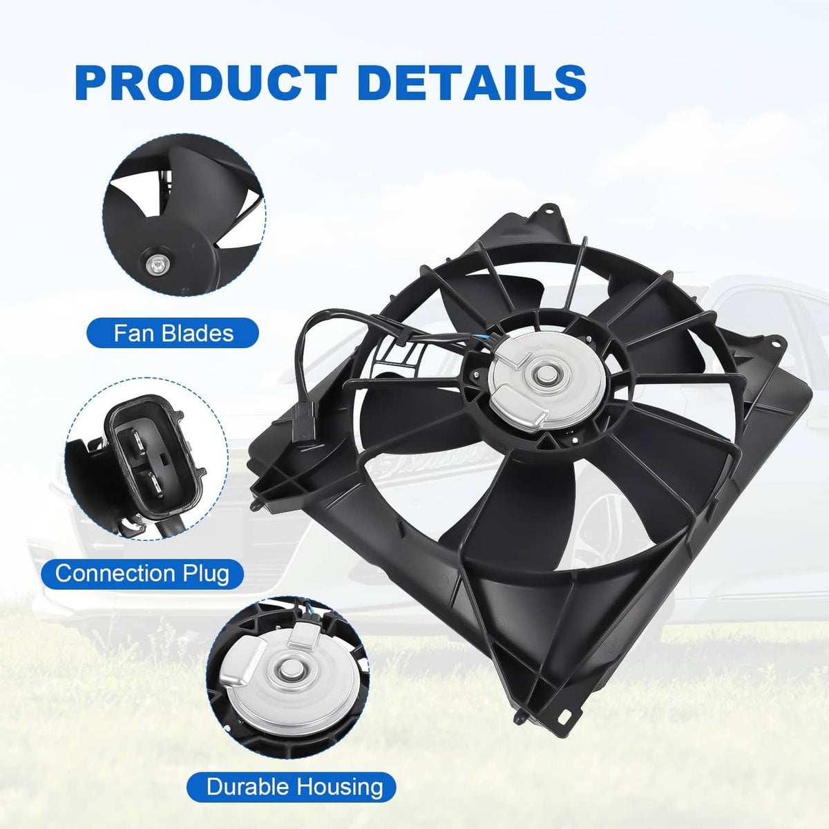 Radiator cooling fan assembly showing fan blades, mounting housing, and connection plug