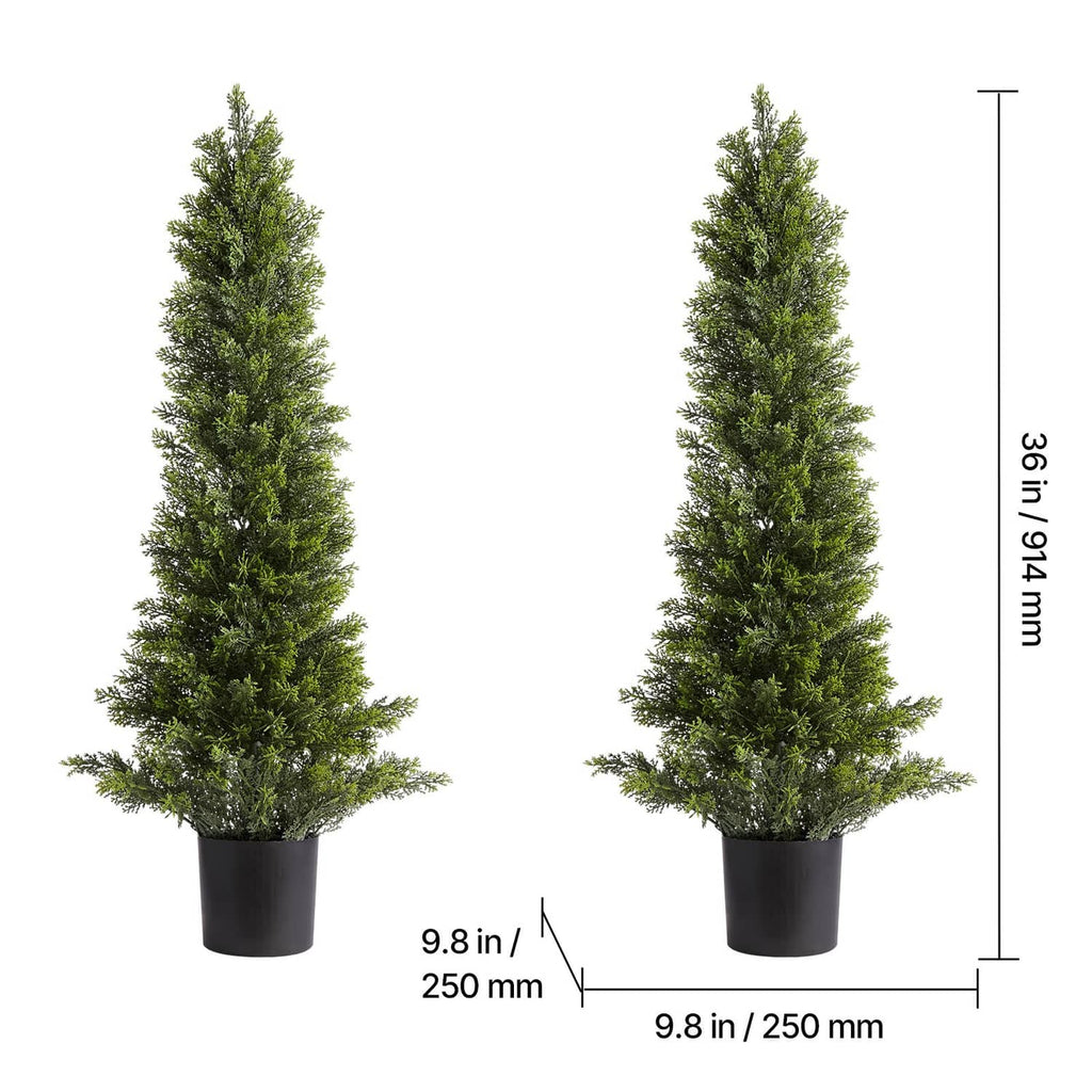 Artificial cedar topiary trees in black pots, dimensions shown: 36 in tall, 9.8 in wide