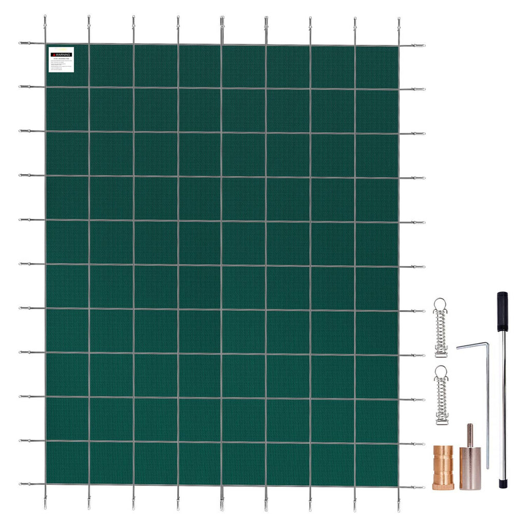 Green inground pool safety cover, grid mesh with anchor springs and installation tools