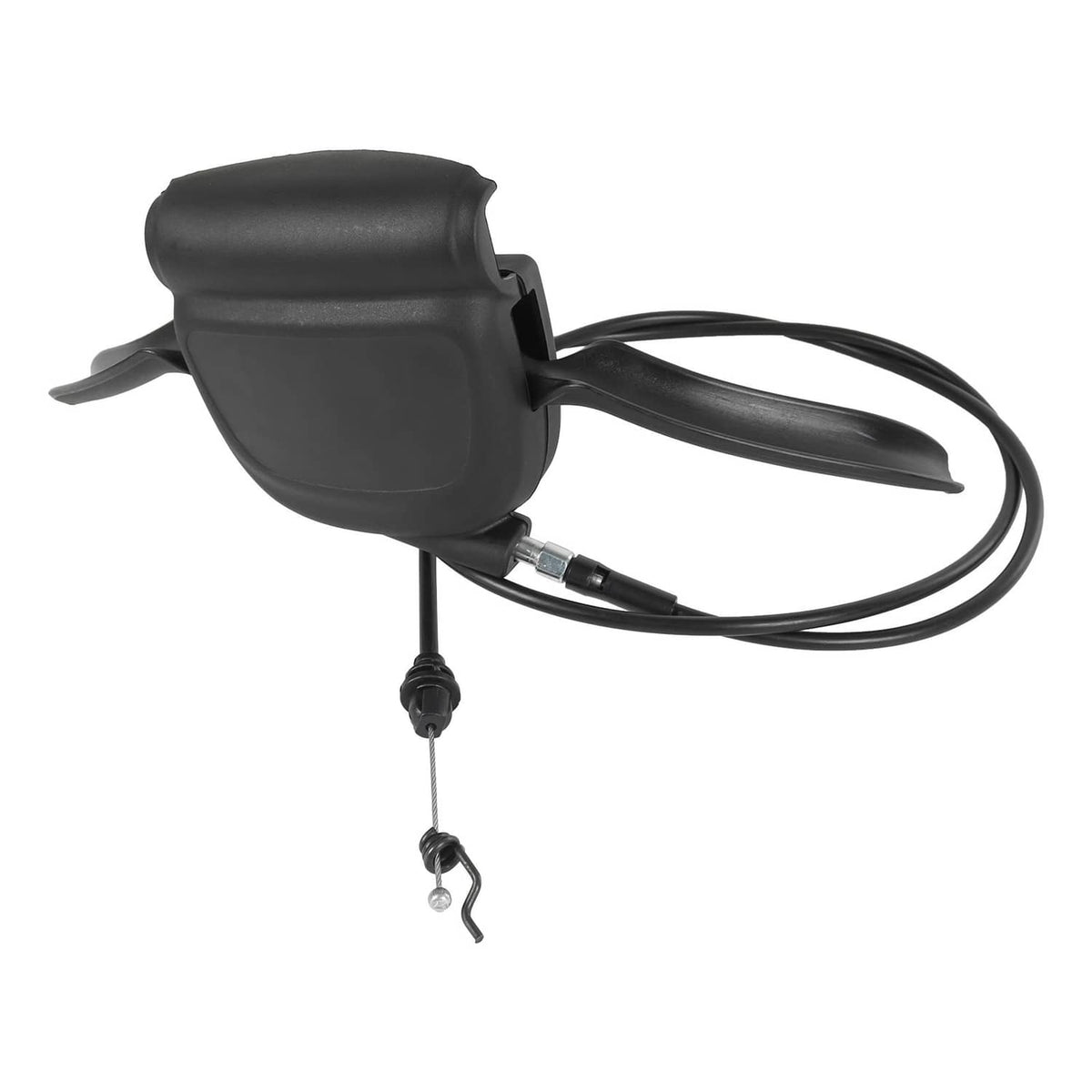 Black drive control cable switch housing with lever handle and cable loop, isolated view