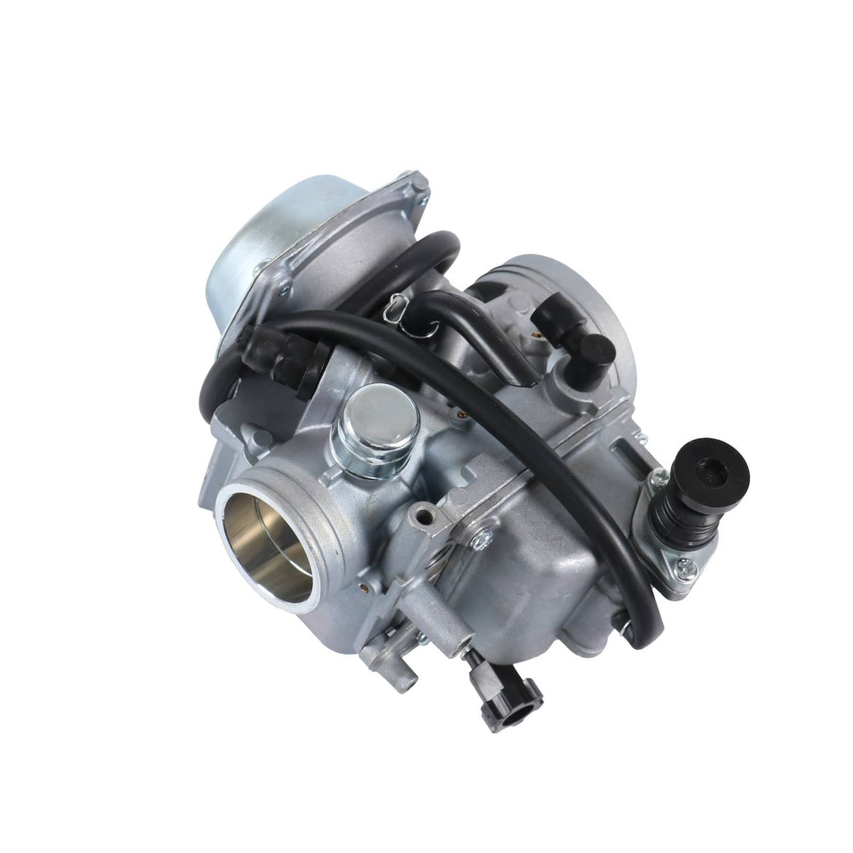 Silver ATV carburetor with side outlet, black hose, and air intake cap