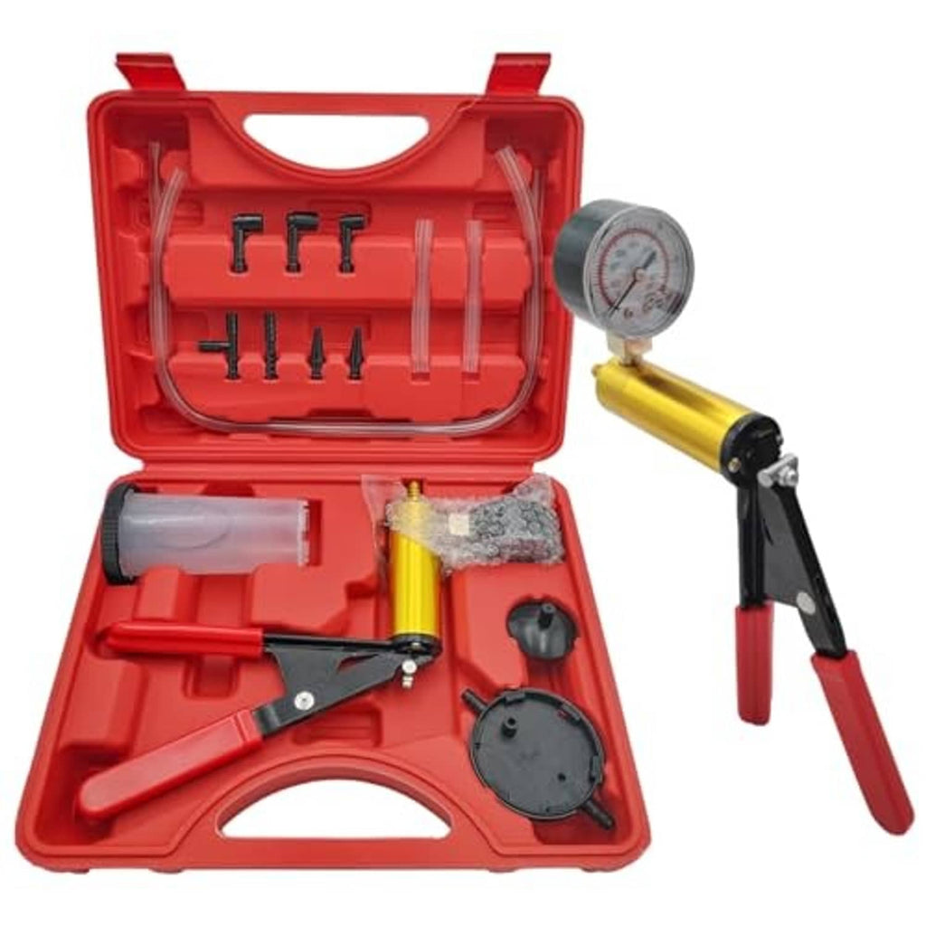 Red case brake bleeder vacuum pump with pressure gauge and handheld trigger