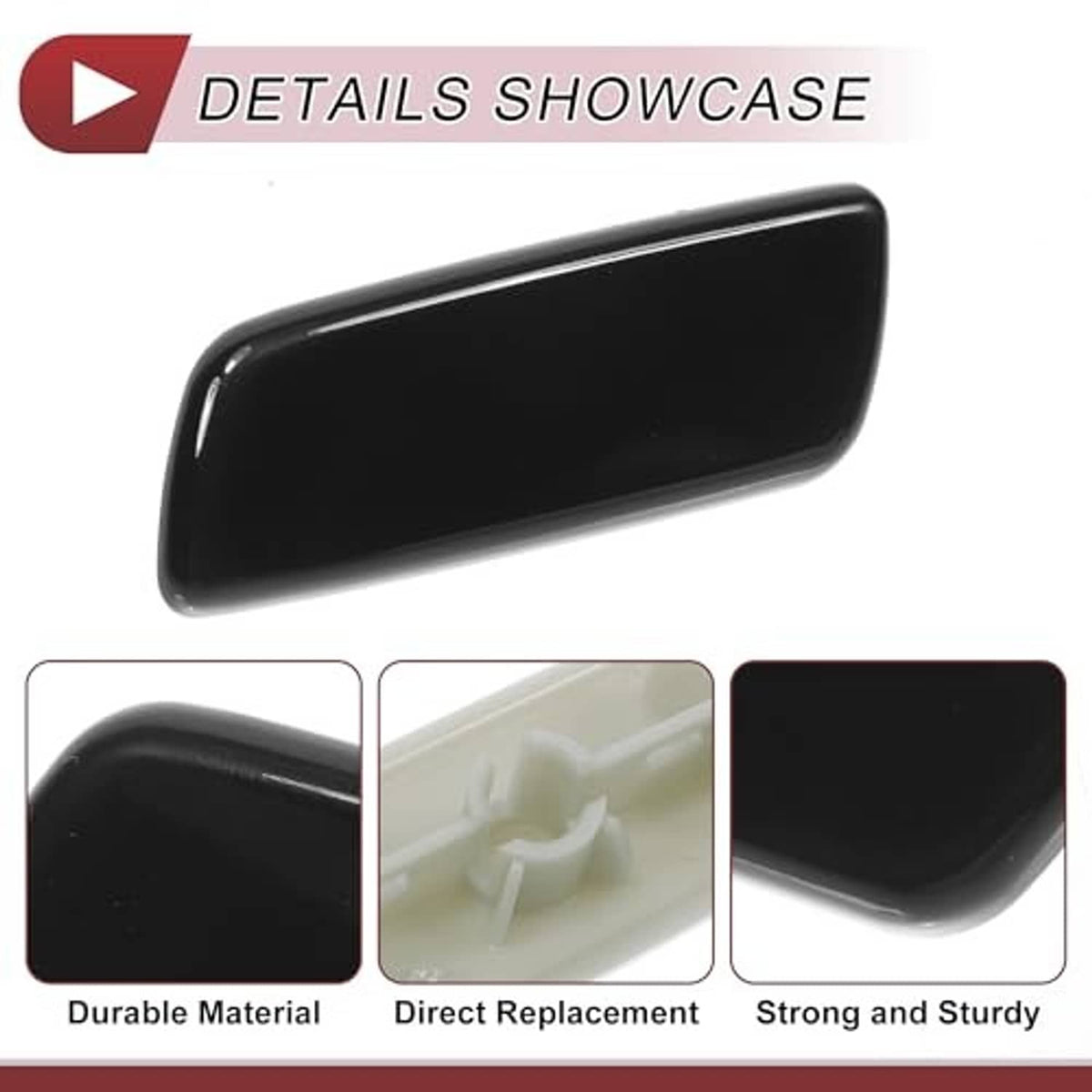 Black washer nozzle cover cap detail view with smooth rounded edges