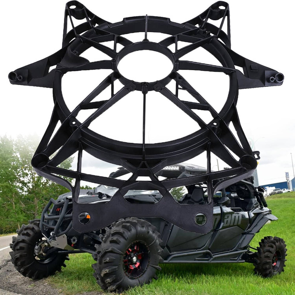 Black cooling fan cover frame with large circular opening and cross-brace design