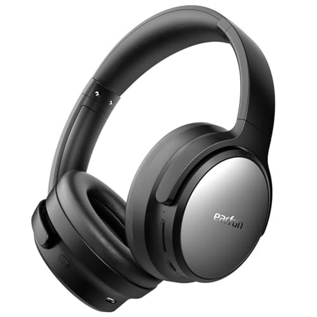 Black over-ear wireless headphones angled view with logo on the earcup.