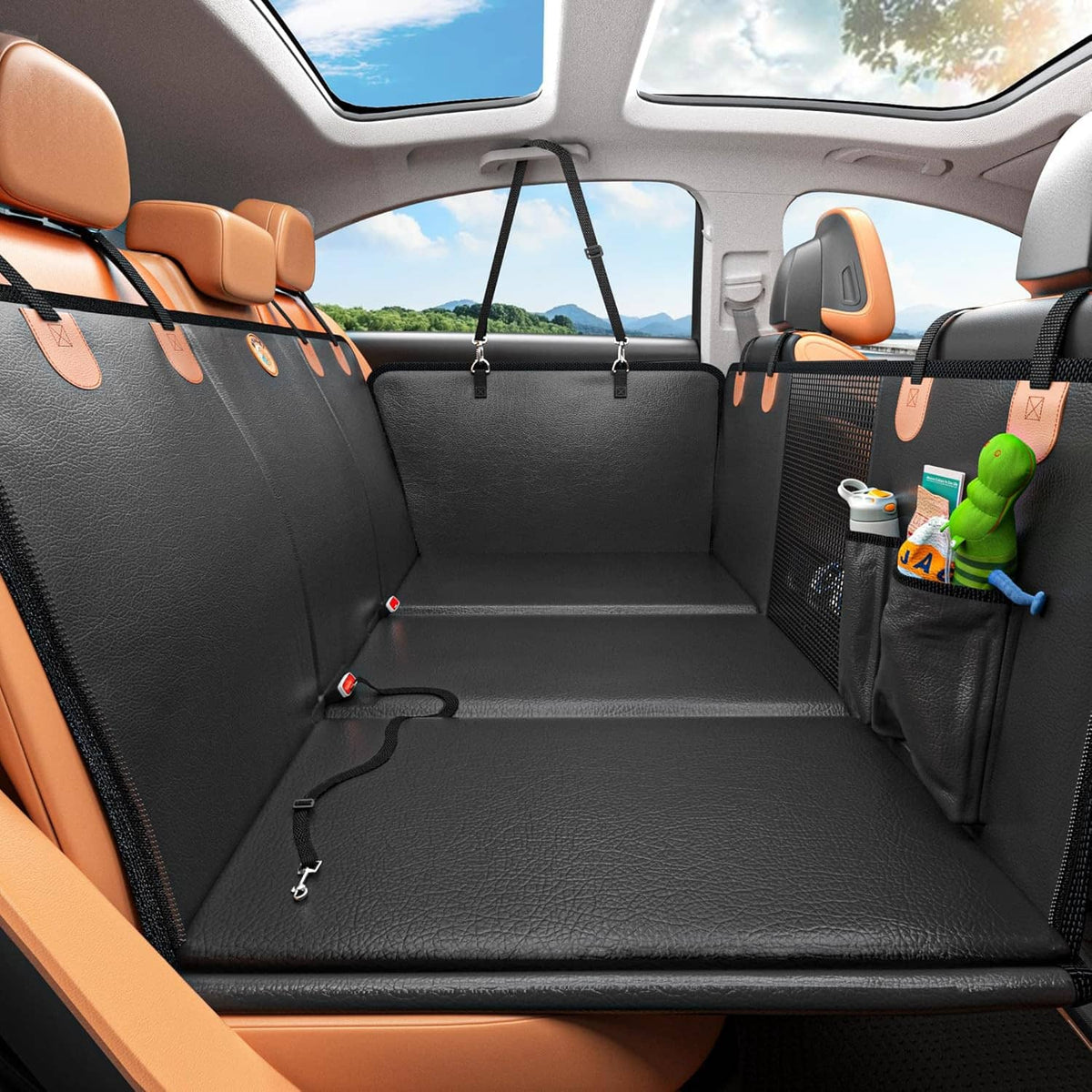 Waterproof back seat dog extender cover, black faux-leather with safety straps and side panels