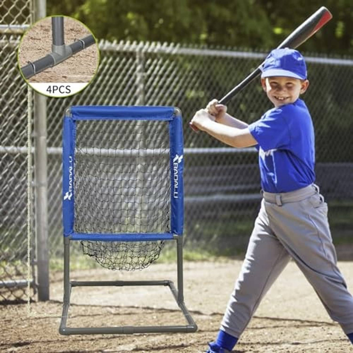 2-in-1 pitching strike zone net with blue frame and white mesh target, standing on base