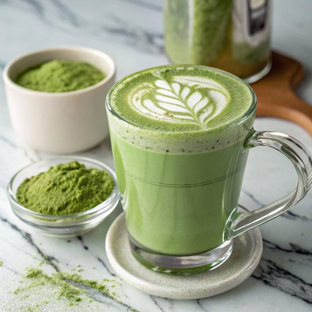 Green matcha latte in glass cup with small bowls of matcha powder