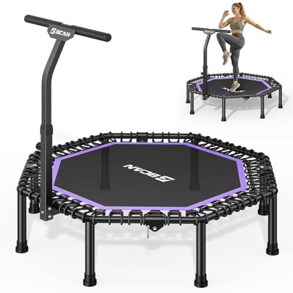 Octagonal trampoline with black legs and purple edge jumping surface