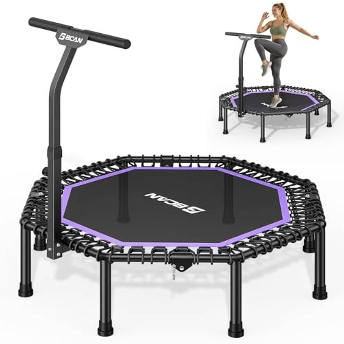 Octagonal trampoline with black legs and purple edge jumping surface