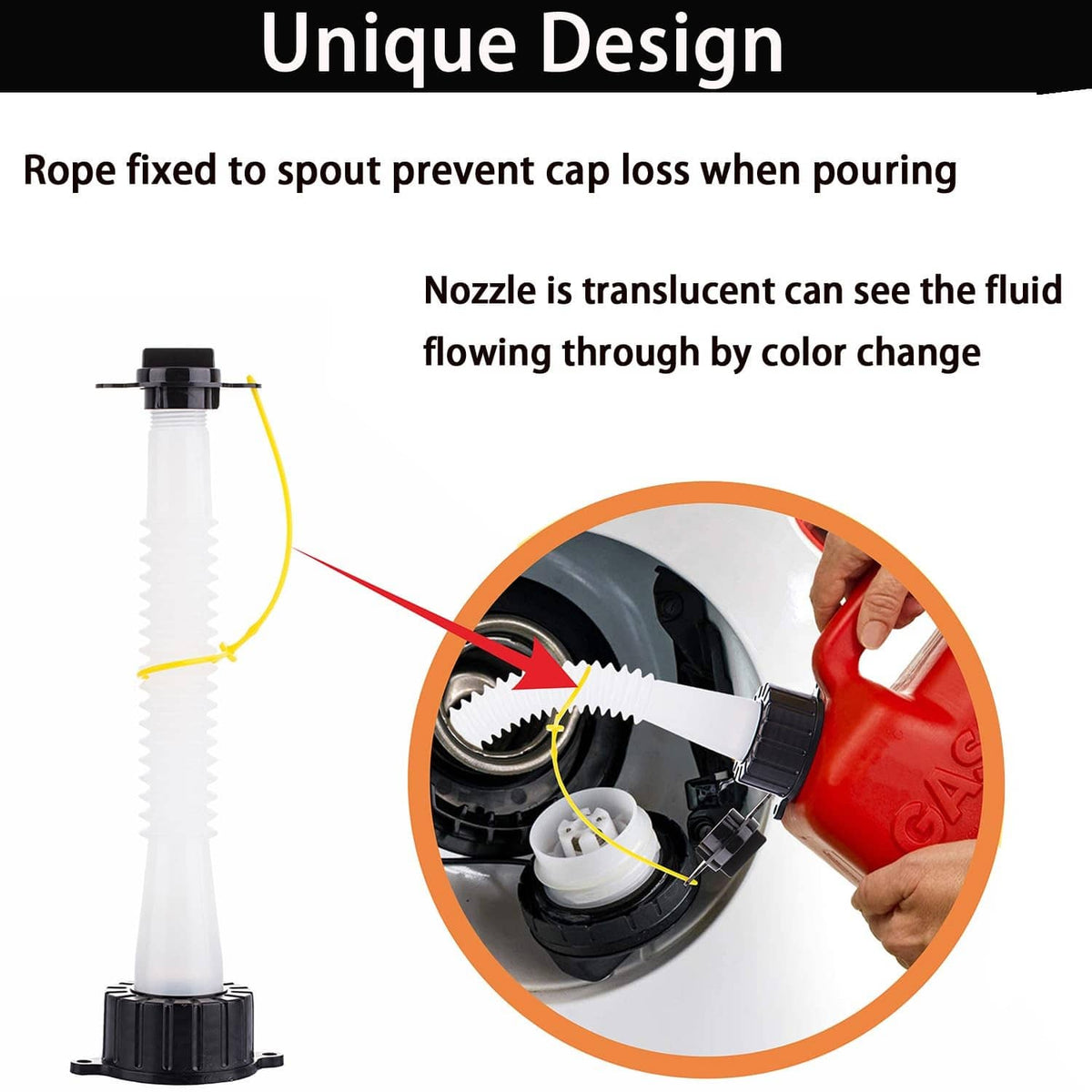 Translucent white replacement spout nozzle with black cap and anti-loss rope