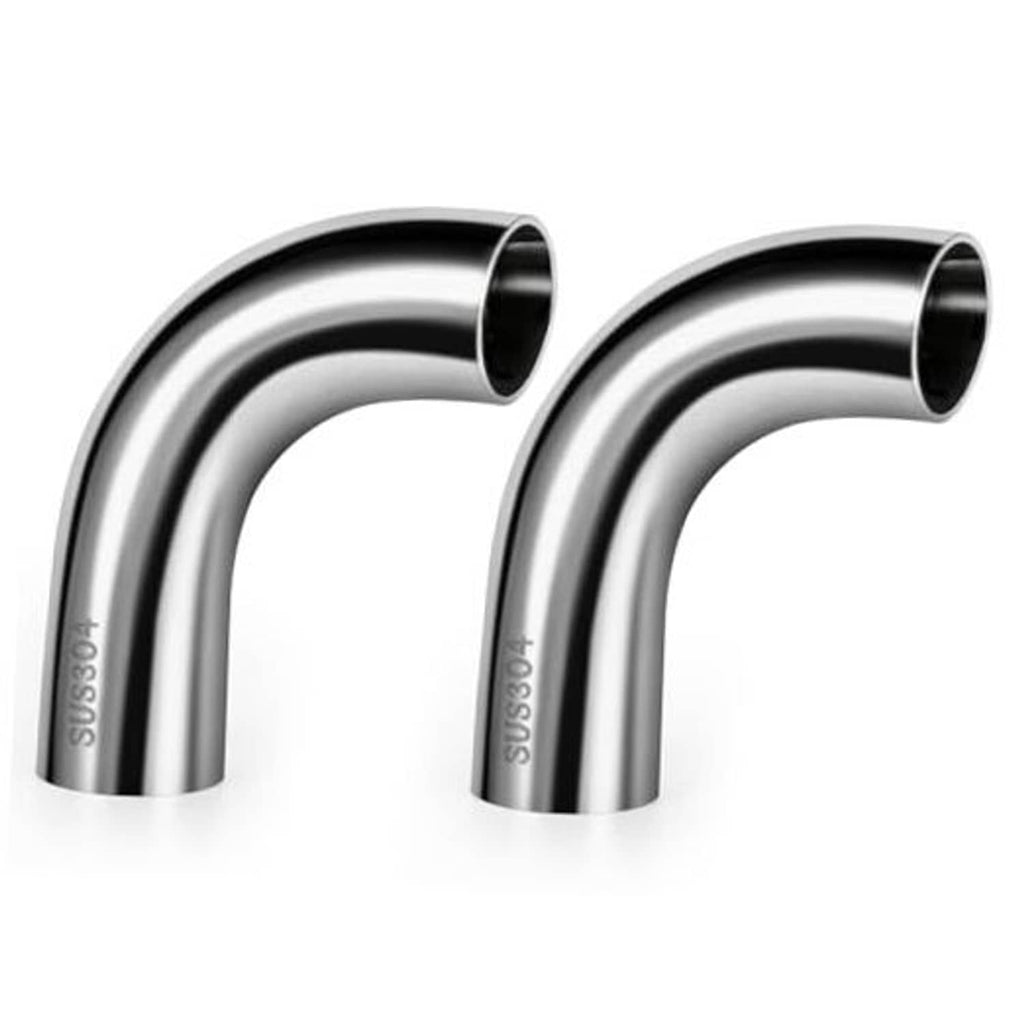 Pair of 90-degree stainless steel exhaust elbow pipes with dark inlet openings.